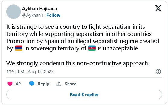 Ayxan Hacızadə: "İspaniyanın qanunsuz erməni separatçı rejimini təbliğ etməsi qəbuledilməzdir"