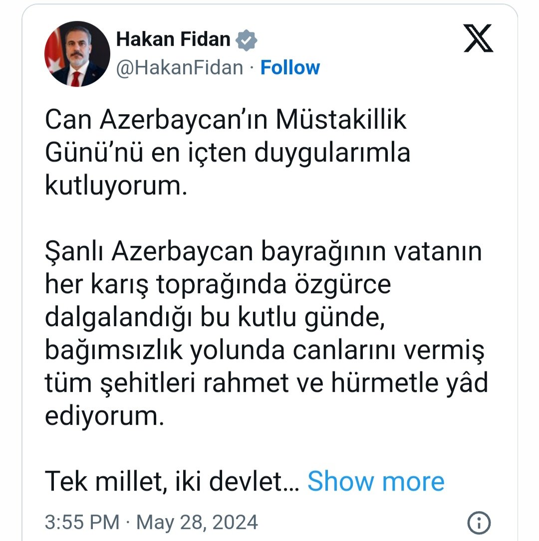 Hakan Fidan Azərbaycan xalqını təbrik edib